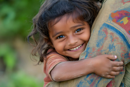 Close up of a cheerful Indian child embracing their parent, expressing love and happinessの素材