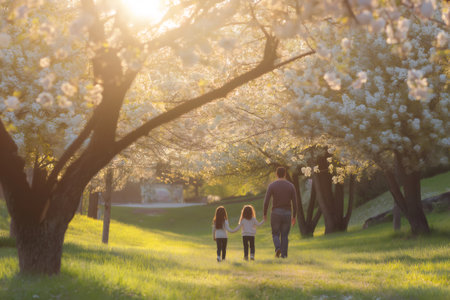 Family walking hand in hand through a sunlit park, surrounded by lush green grass and blooming trees, creating a serene and joyful atmosphereの素材