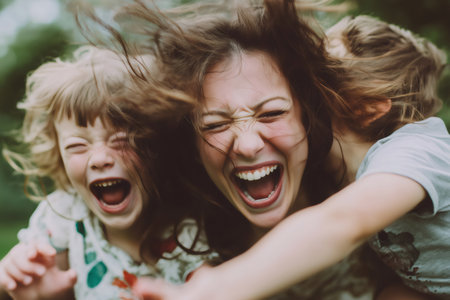 Mother and her two children are laughing hysterically outdoors, their hair blowing in the windの素材