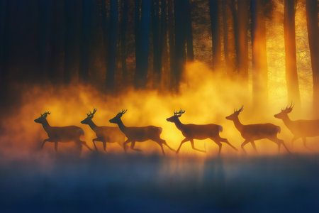 Herd of deer sprinting through a misty forest, illuminated by a warm sunset glow, creating a stunning scene of wildlife in motionの素材