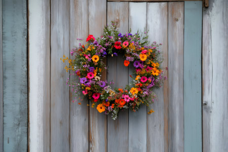Vibrant and colorful floral wreath hanging on a weathered wooden door, adding a touch of rustic charm and natural beautyの素材