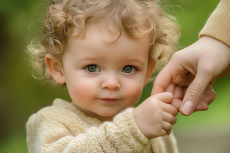 Close up of a young child with curly hair holding a parent's hand, conveying warmth and trust in an outdoor environment with a soft focus backgroundの素材