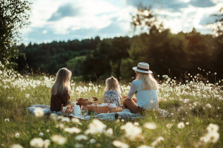 Mother and daughters having a picnic in a field of wildflowers, enjoying the sunset and the landscapeの素材