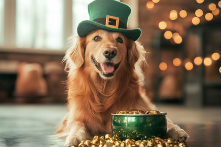 Golden retriever dog wearing leprechaun hat and shamrock bow tie celebrating Saint Patrick's Day with a pot of goldの素材