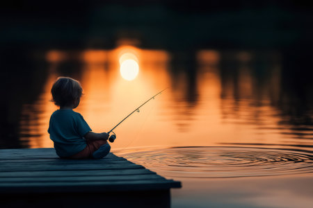 Child enjoying a peaceful evening fishing on a lake, with the warm glow of the setting sun creating a tranquil atmosphereの素材