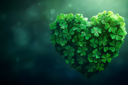 Sparkling green clovers arranged in the shape of a heart, symbolizing Irish luck, fortune, and Saint Patrick's Day celebrationsの素材