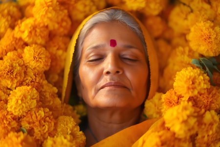 Senior Indian woman wearing yellow sari and bindi lying in marigold flowers with closed eyesの素材