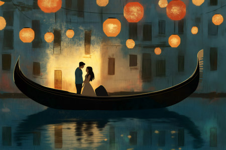 Couple holding hands and sharing a romantic moment on a gondola in Venice, Italy, under hanging lanternsの素材