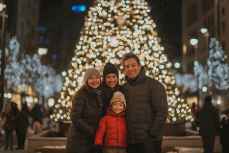 Happy family enjoying Christmas holidays posing in front of a big illuminated Christmas tree in a city squareの素材
