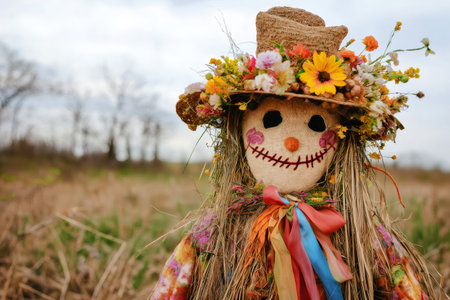 Scarecrow adorned with vibrant ribbons and flowers on its hat, standing proudly in a sunlit field, embodying autumn's festive spiritの素材