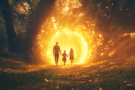 Family walking hand in hand towards a magical glowing portal in a forest at night, exploring the unknownの素材