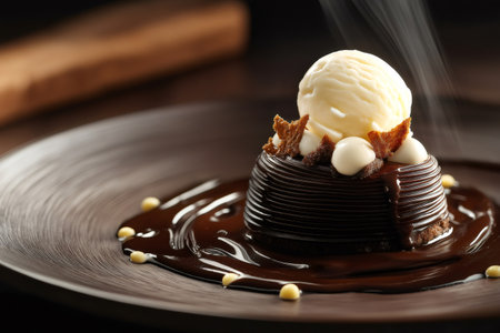 Steaming hot chocolate lava cake dessert is served with vanilla ice cream, chocolate sauce, and cookie crumblesの素材
