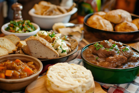 Irish stew, colcannon, salad, soda bread and brown bread served on a table with a checkered tablecloth, representing a traditional Irish mealの素材