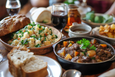 Traditional Irish food including Irish stew, colcannon, soda bread and drinks served on a wooden tableの素材