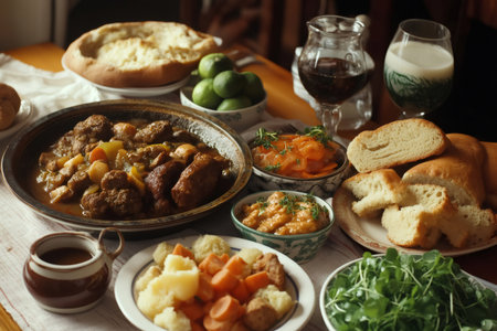 Irish stew, soda bread, colcannon, and vegetables served on a table with drinks, composing a traditional Irish mealの素材