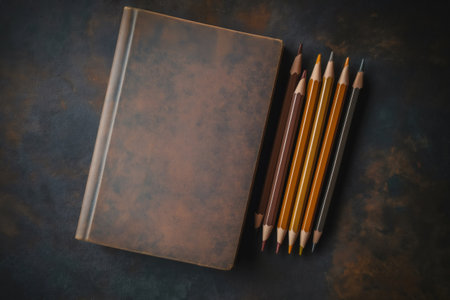 Notebook and warm colored pencils arranged on a dark background, evoking creative inspiration and artistic endeavorsの素材