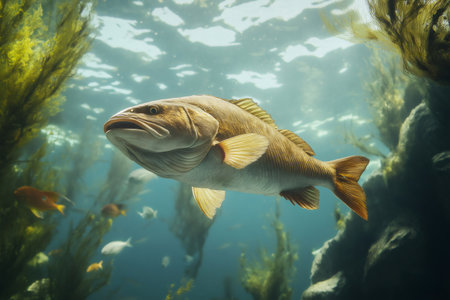 Big fish swimming underwater in blue ocean near seaweed and sunlight, with smaller fish swimming in the backgroundの素材