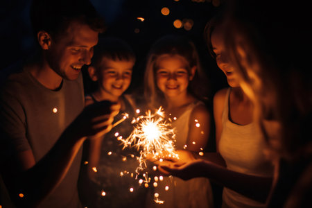 Happy family holding burning sparklers, celebrating together at night with bright glowing sparksの素材