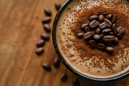 Close up of a tempting tiramisu dessert, featuring a dusting of cocoa powder and coffee beans, served in a cup on a wooden tableの素材
