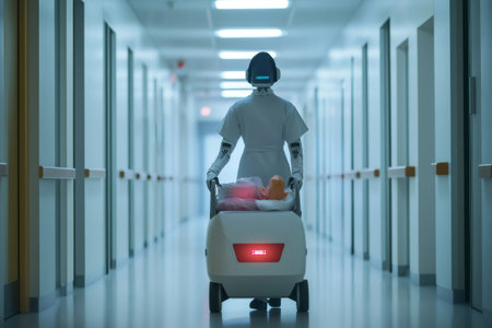 Robot nurse pushing cart with medical supplies along hospital corridor, innovative healthcare technology and automationの素材