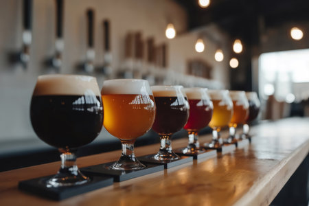 Glasses filled with craft beer resting on a bar counter in a brewpub, with a bartender skillfully preparing a beer flight for tastingの素材