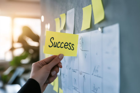 Manager is placing a yellow sticky note with the word success written on it, on a planning board in an officeの素材