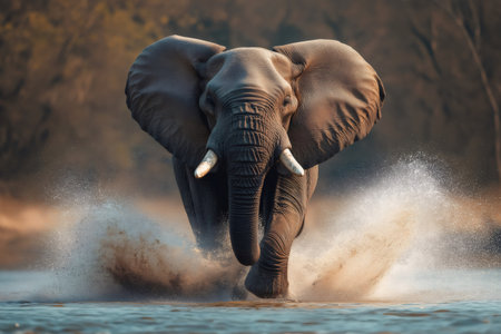 Large African elephant running through water creating big splashes, in a breathtaking display of power and graceの素材
