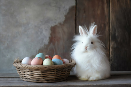Fluffy white rabbit sitting next to a basket filled with pastel colored Easter eggs, set against a rustic wooden backgroundの素材