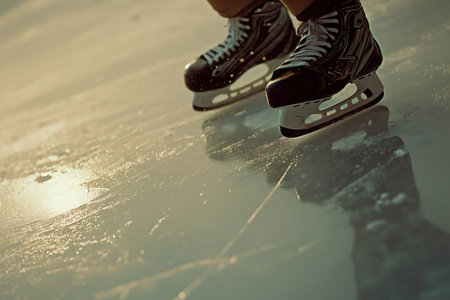 Close up of hockey skates gliding on ice surface, reflecting on frozen lake during sunny winter dayの素材