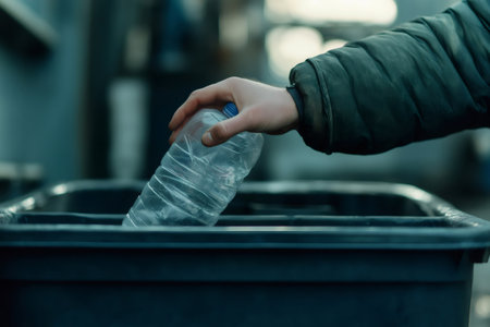 Close up of a hand dropping an empty plastic bottle into a recycling bin, promoting responsible waste disposal and environmental awarenessの素材