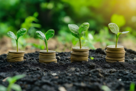 Seedlings growing on piles of coins of increasing height symbolizing increasing profits over timeの素材
