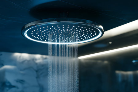 Round showerhead pouring a steady stream of water in a modern luxury bathroom, creating an atmosphere of relaxation and wellnessの素材