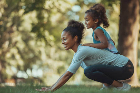 Mother and daughter wearing sportswear stretching together in a park, enjoying a healthy lifestyle and quality timeの素材