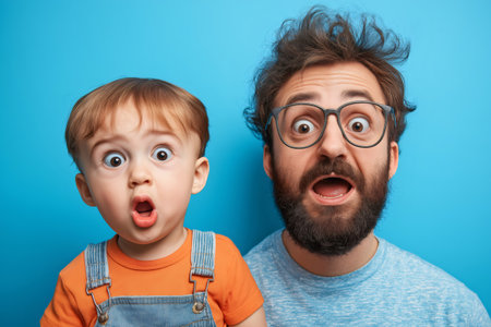 Father and toddler son making a surprised face with bulging eyes and open mouth, wearing casual clothes on a blue backgroundの素材