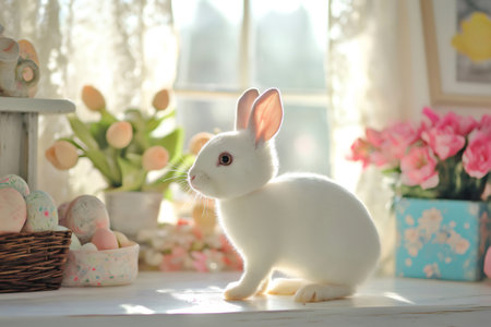 White pet bunny sitting on a table near a window, surrounded by Easter decorations, flowers, and painted eggs in a bright, cozy homeの素材