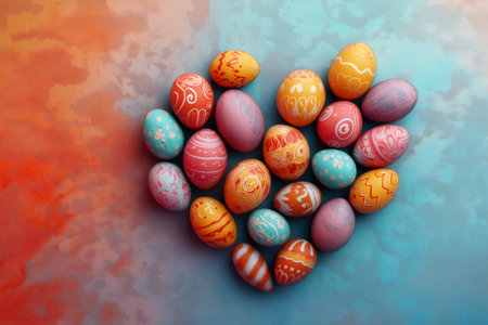 Hand painted Easter eggs arranged in a heart shape, creating a festive and colorful decoration against a vibrant textured backgroundの素材