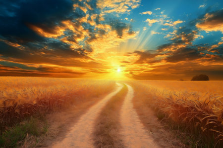 Dirt road winding through a golden wheat field at sunset, framed by a dramatic sky filled with swirling clouds and vibrant colorsの素材
