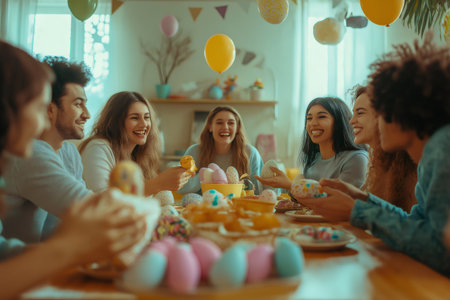 Happy friends sharing colorful Easter eggs and enjoying a festive meal together at home, celebrating joy, tradition, and togethernessの素材