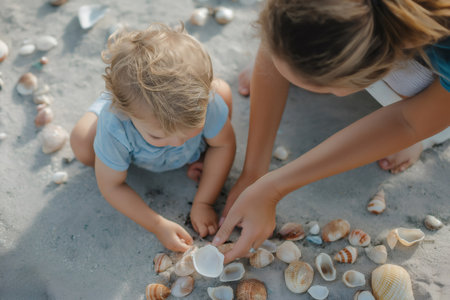 Mother and her toddler are enjoying a sunny day at the beach, collecting seashells togetherの素材