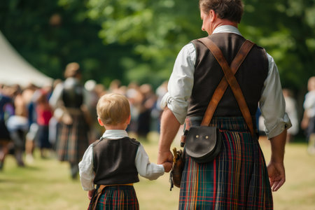 Father and son walking hand in hand at a Scottish Highland games event, wearing matching kilts and sporransの素材