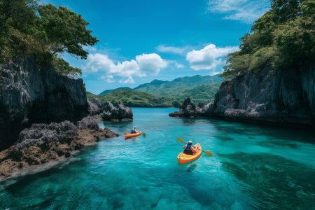 Kayakers paddling on turquoise water near a tropical island with cliffs and lush vegetationの素材