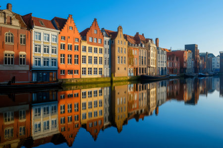 Traditional colorful houses reflecting on river in Belgium, creating a picturesque cityscape under the clear blue sky of a sunny morningの素材