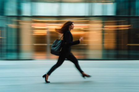 Businesswoman running in the city with motion blur effect, showcasing the fast paced business worldの素材
