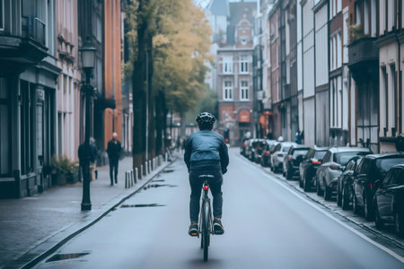 Man riding a bicycle along a bike friendly street in a bustling European city center, surrounded by beautiful architecture and vibrant urban lifeの素材