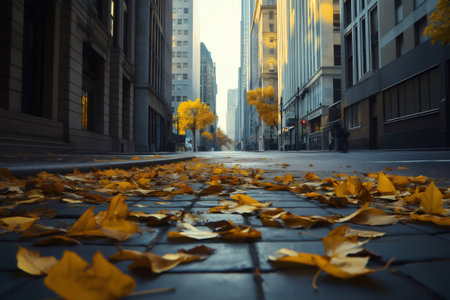 Fallen leaves creating a golden carpet on the pavement of an empty urban street during a serene autumn morningの素材