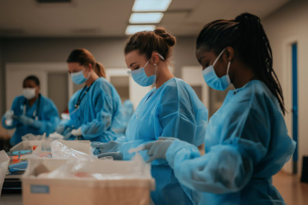 Healthcare professionals wearing protective clothing and masks preparing medical equipment for surgeryの素材