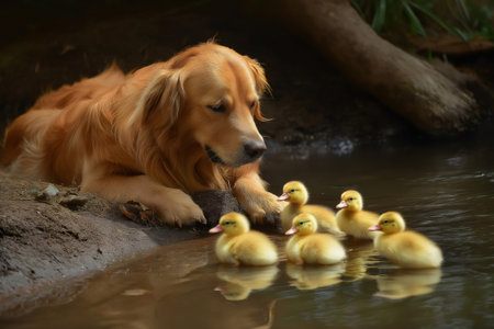 Curious golden retriever lying by the edge of a pond observing a group of yellow ducklings swimmingの素材