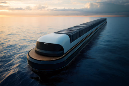 Modern submarine freight transport navigating on calm ocean water at sunset, innovative shipping conceptの素材