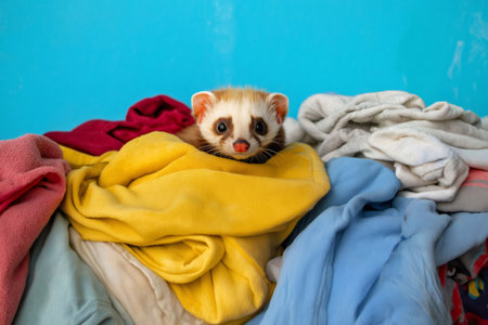 Cute ferret peeking out of a pile of colorful clothes in a laundry basket, playing hide and seek with a blue backgroundの素材