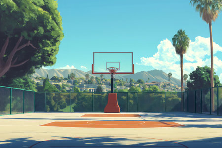 Empty outdoor basketball court on a sunny day, overlooking a cityscape with palm trees and mountains in the backgroundの素材